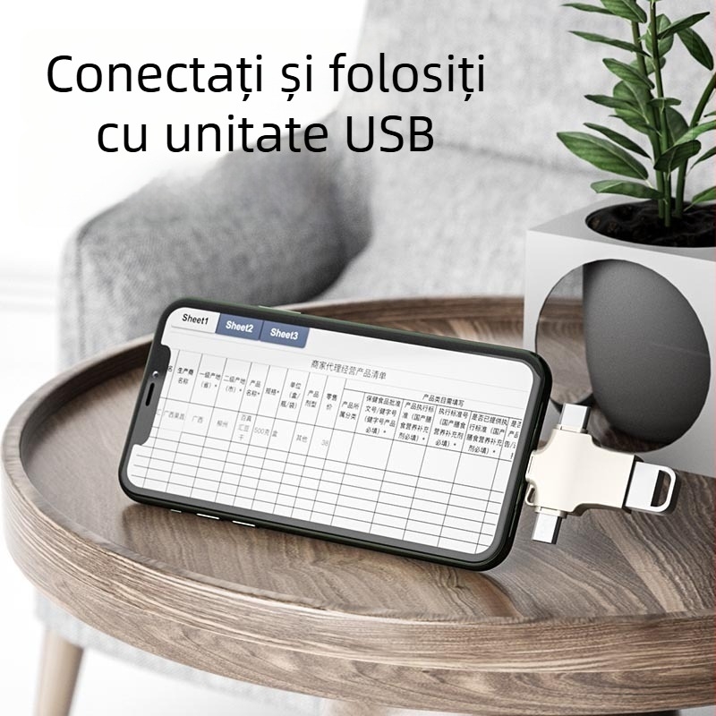 Adaptor OTG 3 în 1 pentru telefoane: cititor USB și conectare tastatură și mouse (Android, Apple, Type-C)