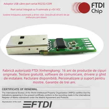 Adaptor FTDI USB către RS232 - placă convertor, interfață USB-serială, cip FTDI, viteză 115200, model SN-200123