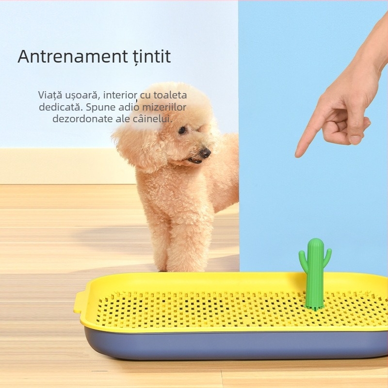 Toaletă pentru câini cu tavă plată, gard înalt, sistem anti-stropire și stâlpi de susținere