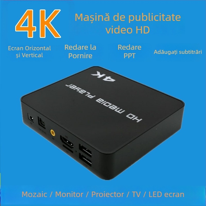 Player media 4K HD cu procesor RK3229, 4GB RAM, 8GB ROM, stocare de până la 2TB, ieșire 3840x2160, redare USB/TF, buclă la pornire automată, orientare portret/peisaj