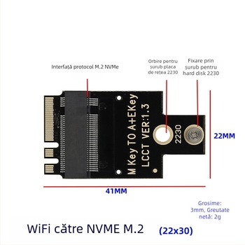 Cardă adaptor M.2 WiFi – Cheie A+E NGFF 2230 NVMe SSD
