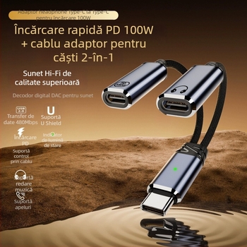 Cablu adaptor Type-C către Type-C, 2 în 1 pentru încărcare și audio, ieșire dublă, 480 Mbps