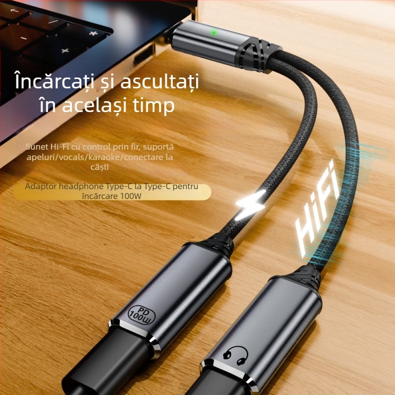 Cablu adaptor Type-C către Type-C, 2 în 1 pentru încărcare și audio, ieșire dublă, 480 Mbps