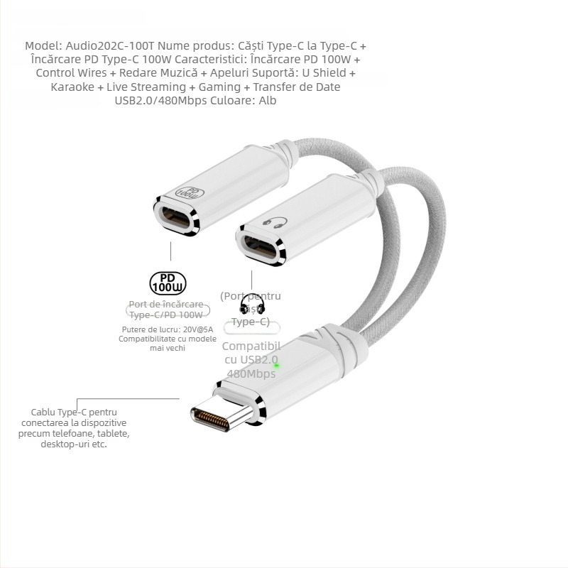Cablu adaptor Type-C către Type-C, 2 în 1 pentru încărcare și audio, ieșire dublă, 480 Mbps