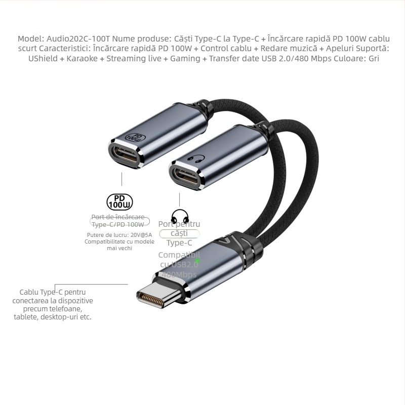 Cablu adaptor Type-C către Type-C, 2 în 1 pentru încărcare și audio, ieșire dublă, 480 Mbps