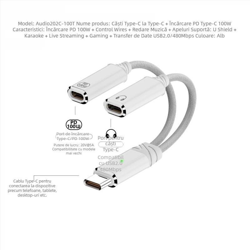 Cablu adaptor Type-C către Type-C, 2 în 1 pentru încărcare și audio, ieșire dublă, 480 Mbps