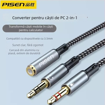 Adaptor Pisen 2 în 1 pentru căști și microfon, splitter audio cu 2 ieșiri pentru PC și telefon