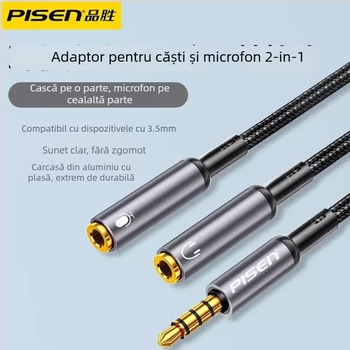 Adaptor Pisen 2 în 1 pentru căști și microfon, splitter audio cu 2 ieșiri pentru PC și telefon