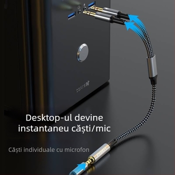 Adaptor Pisen 2 în 1 pentru căști și microfon, splitter audio cu 2 ieșiri pentru PC și telefon