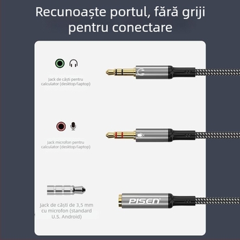 Adaptor Pisen 2 în 1 pentru căști și microfon, splitter audio cu 2 ieșiri pentru PC și telefon