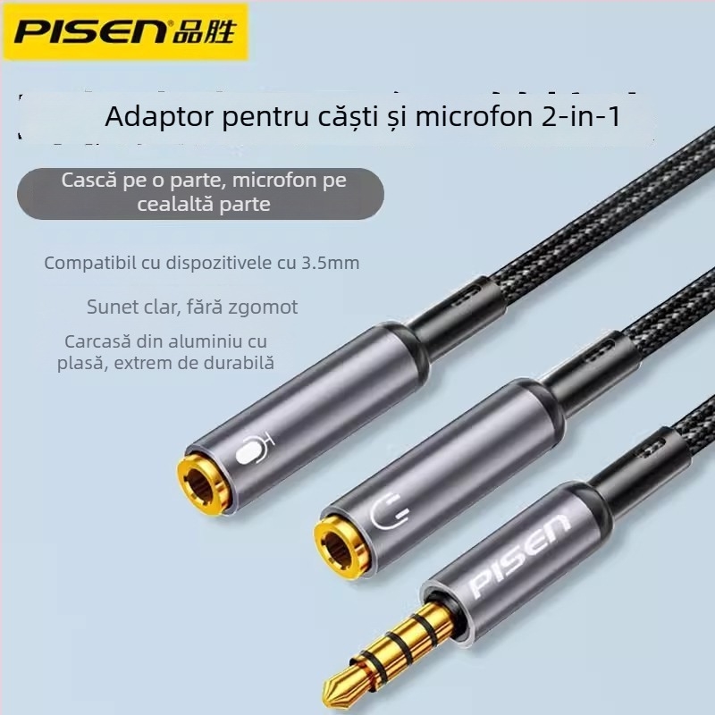 Adaptor Pisen 2 în 1 pentru căști și microfon, splitter audio cu 2 ieșiri pentru PC și telefon