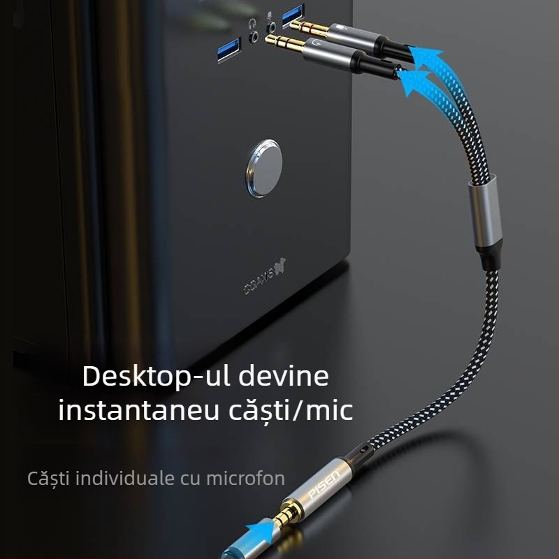 Adaptor Pisen 2 în 1 pentru căști și microfon, splitter audio cu 2 ieșiri pentru PC și telefon
