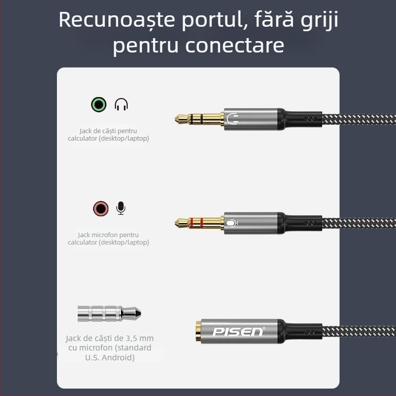 Adaptor Pisen 2 în 1 pentru căști și microfon, splitter audio cu 2 ieșiri pentru PC și telefon