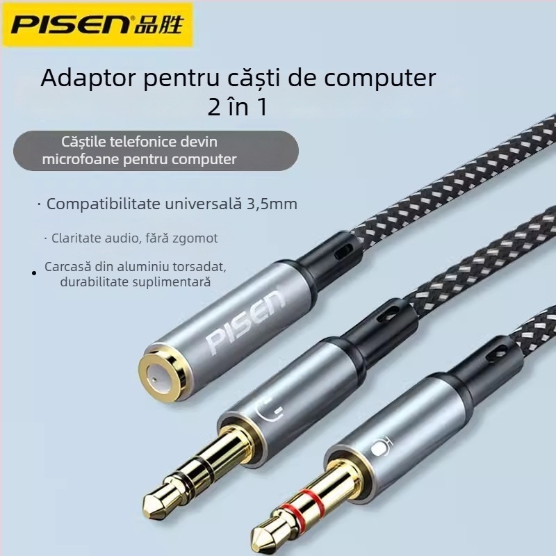 Adaptor Pisen 2 în 1 pentru căști și microfon, splitter audio cu 2 ieșiri pentru PC și telefon