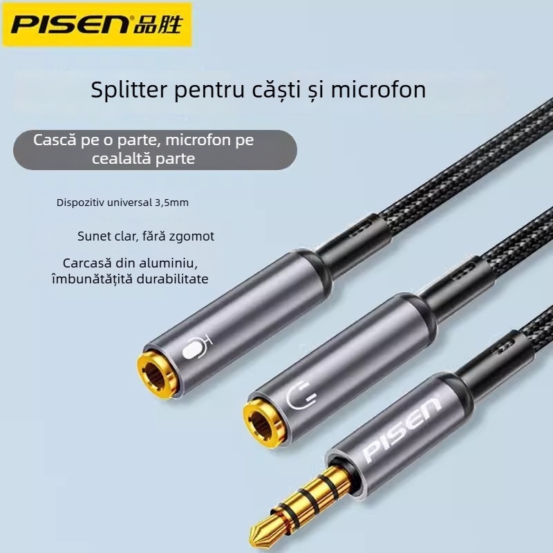 Adaptor Pisen 2 în 1 pentru căști și microfon, splitter audio cu 2 ieșiri pentru PC și telefon