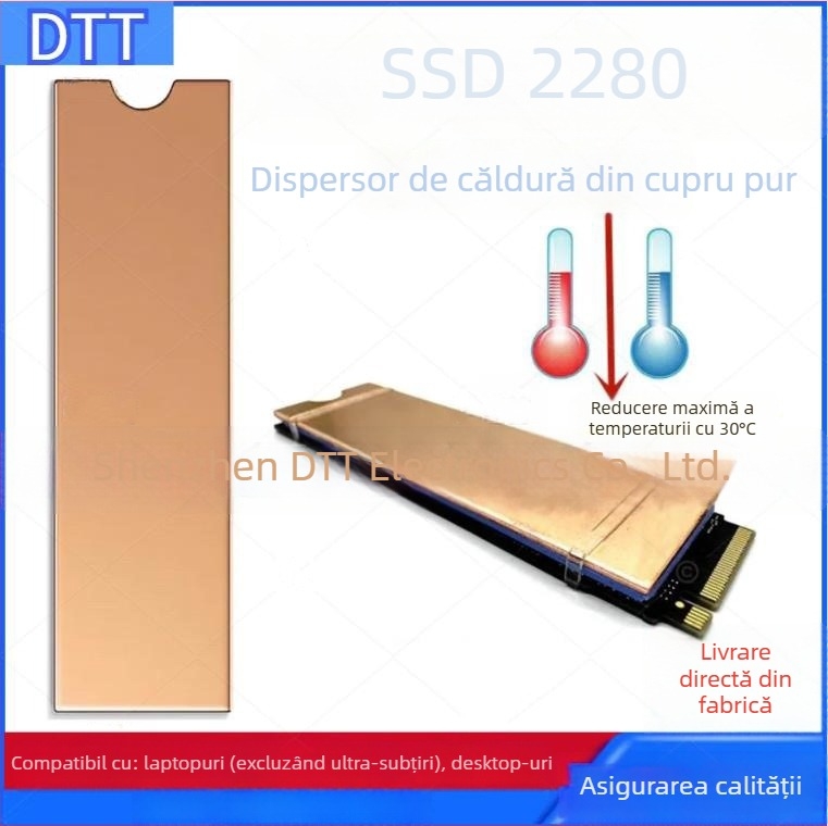 Radiator de răcire pentru M.2 NVMe SSD din cupru pur, cu două țevi de disipare a căldurii, conductivitate termică înaltă