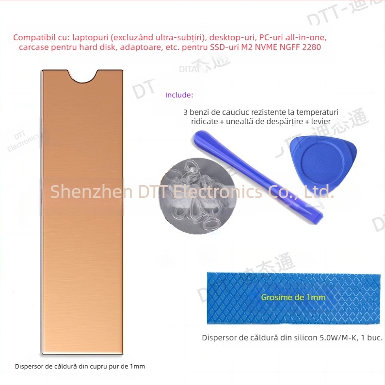 Radiator de răcire pentru M.2 NVMe SSD din cupru pur, cu două țevi de disipare a căldurii, conductivitate termică înaltă