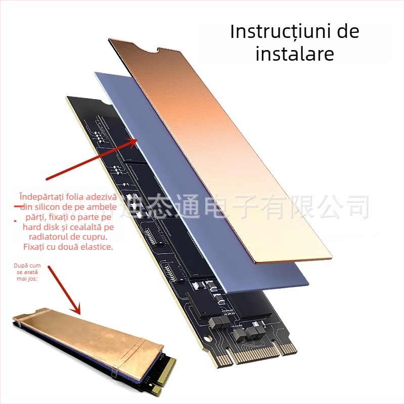 Radiator de răcire pentru M.2 NVMe SSD din cupru pur, cu două țevi de disipare a căldurii, conductivitate termică înaltă