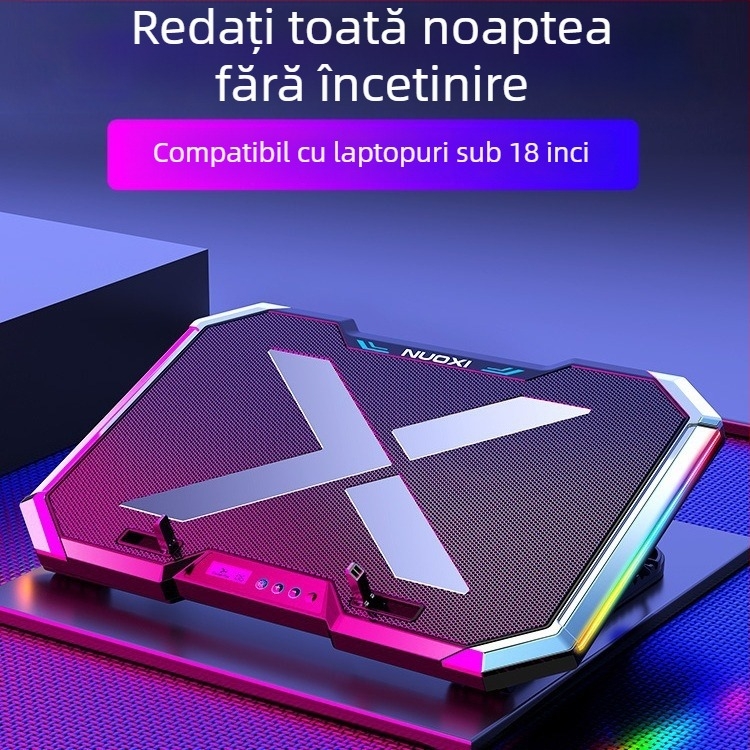 Nossi Q8 bază de răcire pentru laptop cu afișaj LCD, iluminare RGB și control prin butoane, 6 ventilatoare
