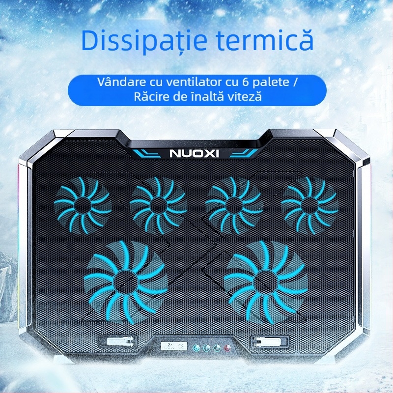 Nossi Q8 bază de răcire pentru laptop cu afișaj LCD, iluminare RGB și control prin butoane, 6 ventilatoare