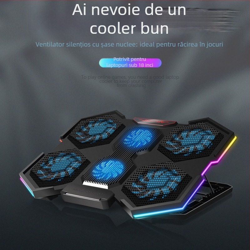 Radiator pentru notebook cu 6 ventilatoare, plasă metalică, compatibil cu notebookuri, ultrabookuri și PlayBook