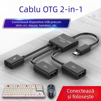 Cablu OTG Micro USB pentru telefoane și tablete, splitter cu trei ieșiri (USB 2.0, 480 Mbps, 15 cm)