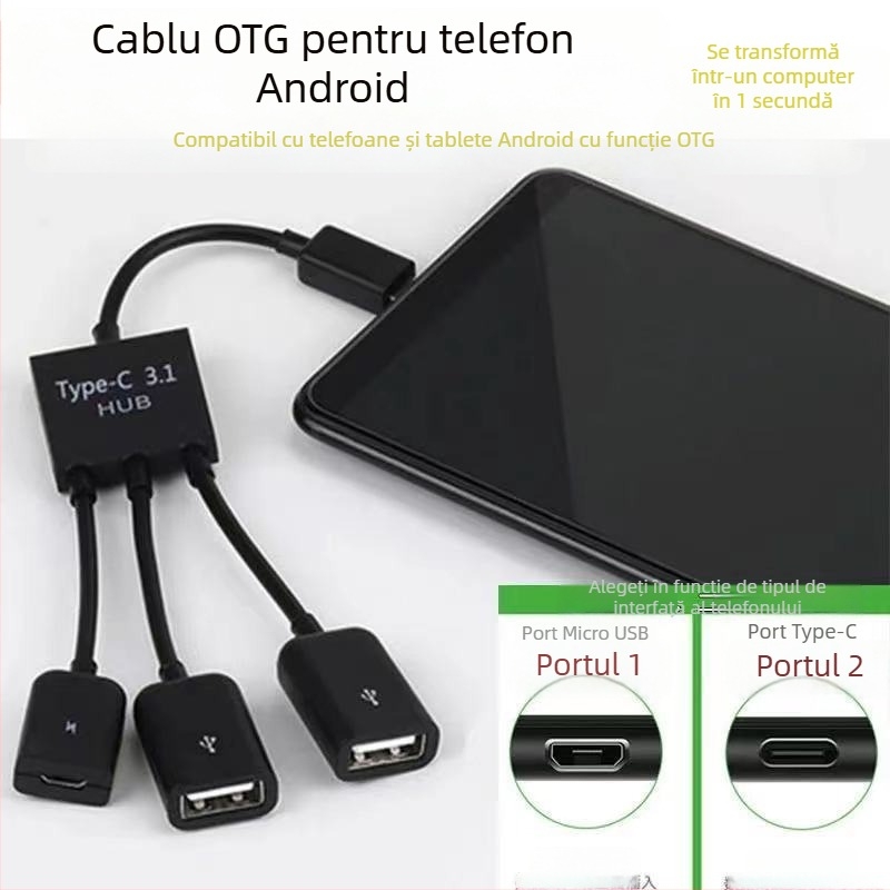Cablu OTG Micro USB pentru telefoane și tablete, splitter cu trei ieșiri (USB 2.0, 480 Mbps, 15 cm)