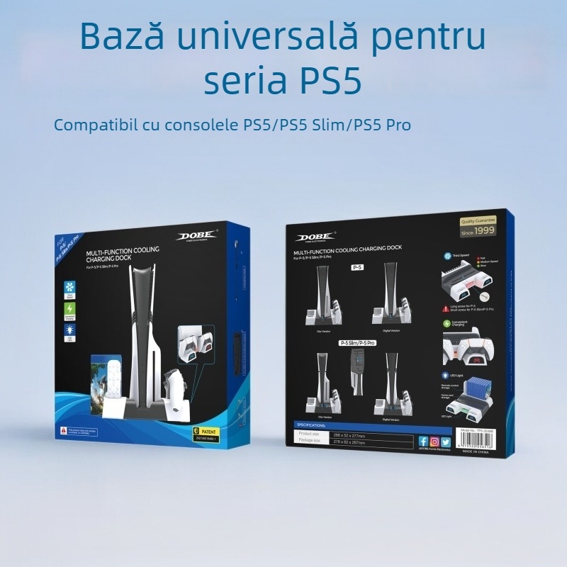 Bază de răcire pentru PS5/Slim/Pro cu iluminare LED ambientală, docking pentru controller și raft pentru discuri (ABS, Type-C, 1105 g)