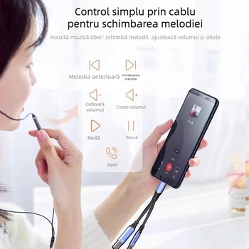 Cablu adaptor audio Type-C 2-în-1, de la 3,5 mm la Type-C, nucleu din cupru, sunet 16bit/48kHz, PD60W încărcare rapidă