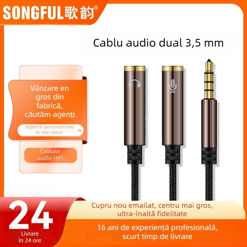 Cablu adaptor audio, splitter 1 la 2, cablu din nylon împletit, nucleu de cupru, ieșire audio, fără latență