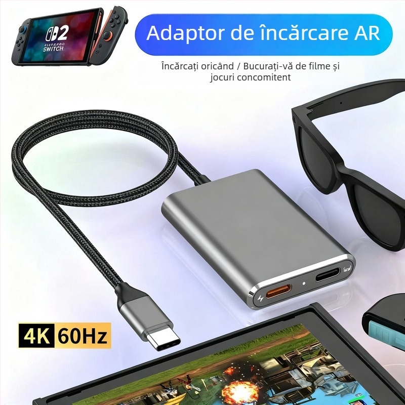 Switch2-ar Stație docking USB-C pentru ochelari AR, Proiecție 4K, Încărcare PD cu splitter, 5 Gbps