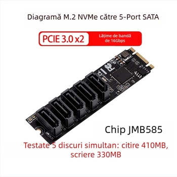 Carte adaptor M.2 PCIe3.0 către 5 porturi SATA3.0, NVMe Protocol, adaptor pentru hard disk, model IO-M2F585-5I, cip JMicron JBM585