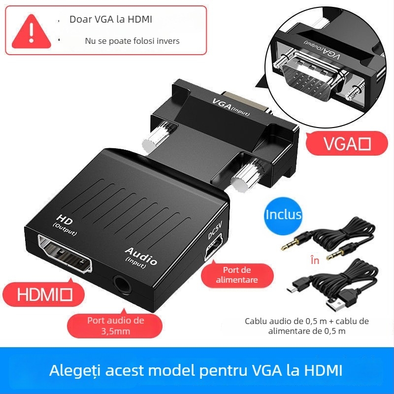 Convertor HDMI la VGA – Cablu adaptor cu audio, interfață HDMI