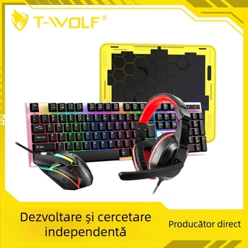 Thunder Wolf TF240 set gaming: tastatură și mouse cu fir USB, 1000dpi optic, iluminare de fundal, design ergonomic, include căști și mouse pad