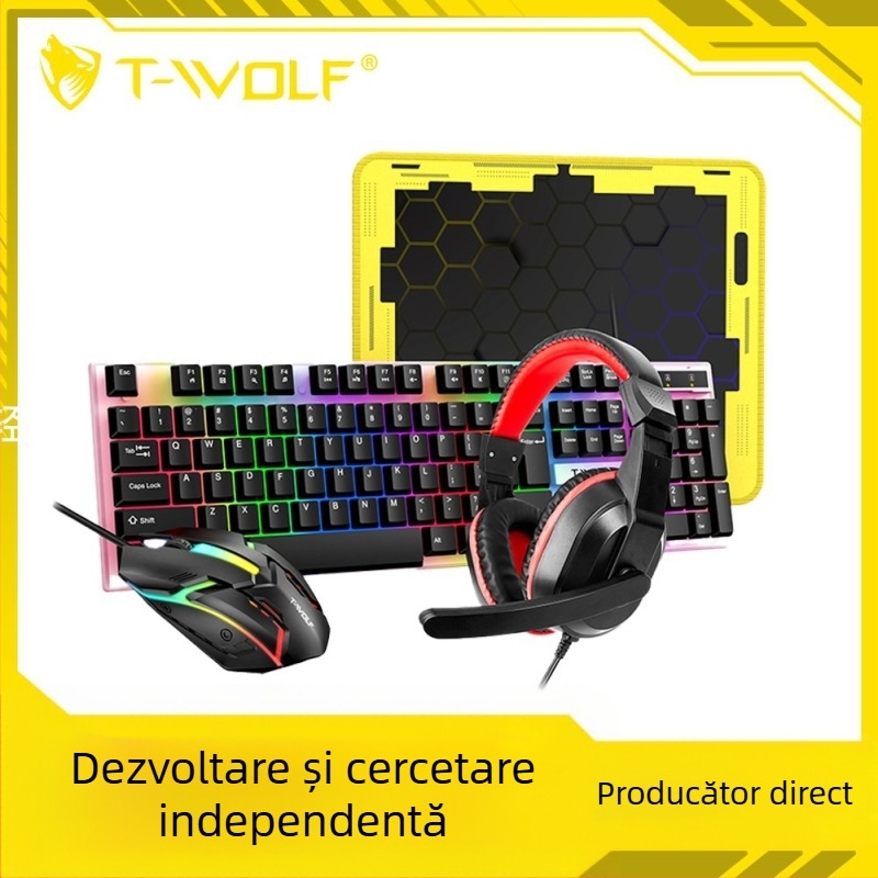 Thunder Wolf TF240 set gaming: tastatură și mouse cu fir USB, 1000dpi optic, iluminare de fundal, design ergonomic, include căști și mouse pad