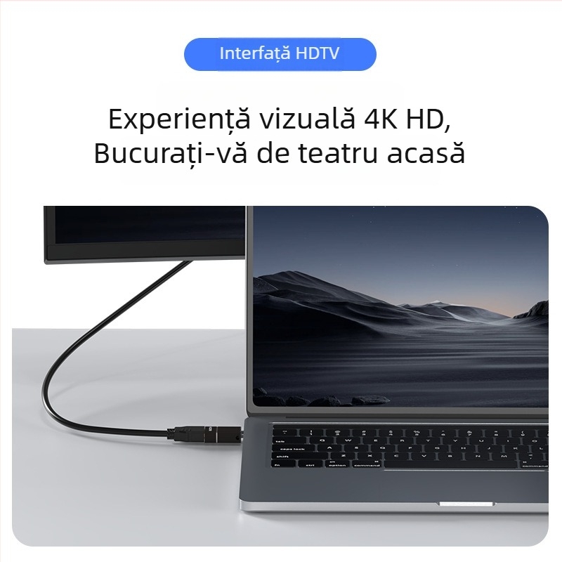 Adaptor Type-C către HDMI pentru transmisie video și audio; carcasă din aliaj de aluminiu; compatibil cu Windows, Android și macOS.