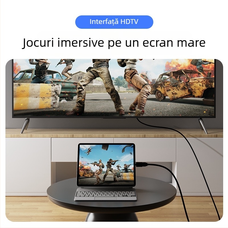 Adaptor Type-C către HDMI pentru transmisie video și audio; carcasă din aliaj de aluminiu; compatibil cu Windows, Android și macOS.