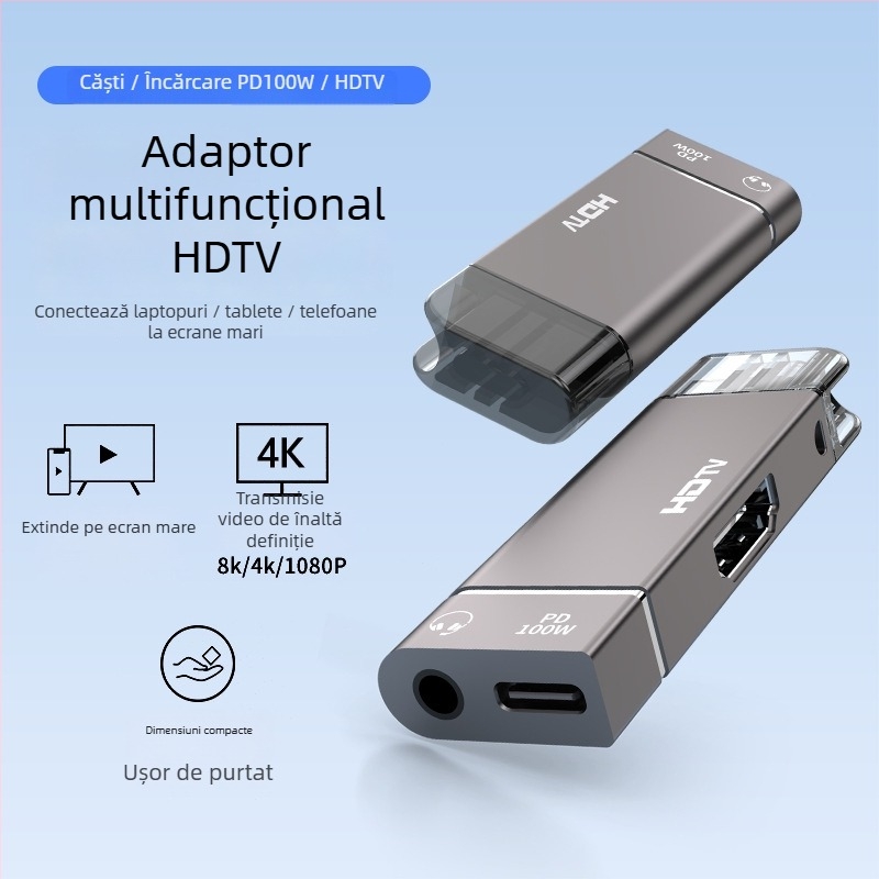 Adaptor Type-C către HDMI pentru transmisie video și audio; carcasă din aliaj de aluminiu; compatibil cu Windows, Android și macOS.