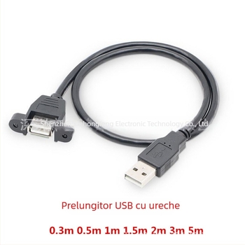 Cablu de extensie USB 2.0 USB-A masculin către USB-A feminin, cu orificii pentru șuruburi pentru fixare, conductor din cupru, carcasă turnată prin injecție