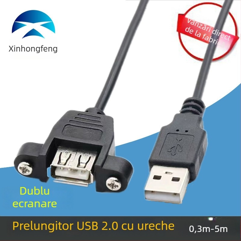 Cablu de extensie USB 2.0 USB-A masculin către USB-A feminin, cu orificii pentru șuruburi pentru fixare, conductor din cupru, carcasă turnată prin injecție