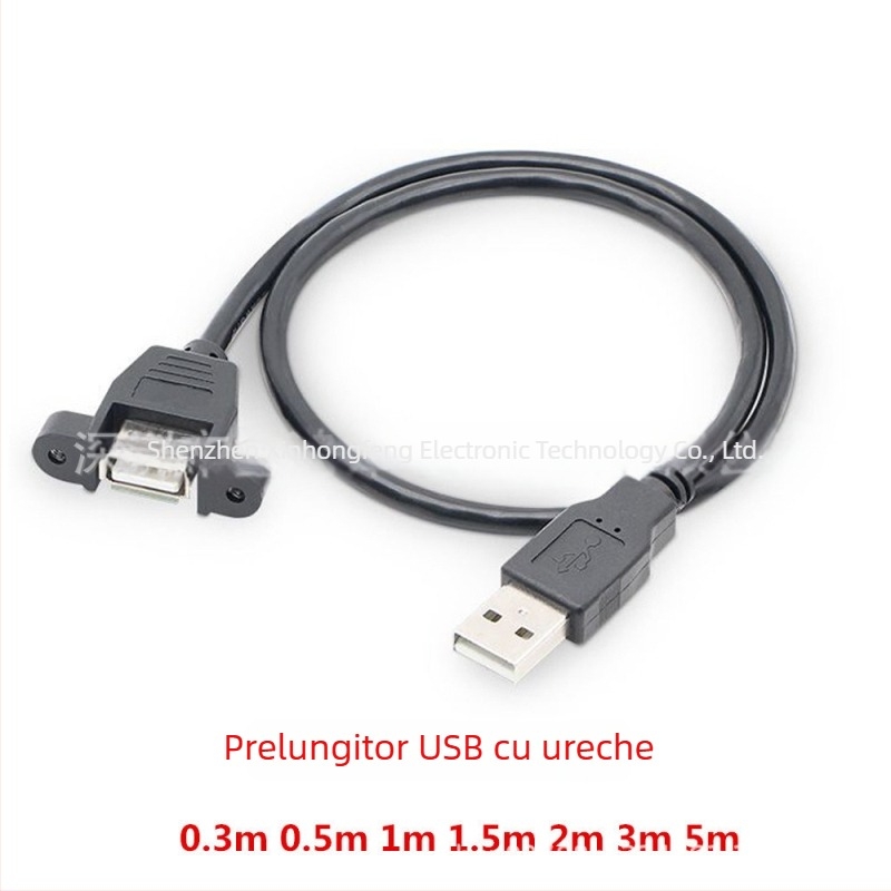 Cablu de extensie USB 2.0 USB-A masculin către USB-A feminin, cu orificii pentru șuruburi pentru fixare, conductor din cupru, carcasă turnată prin injecție