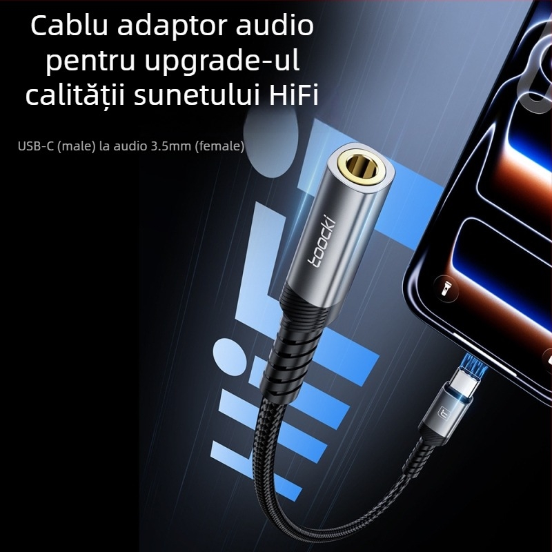 Toocki adaptor audio Type-C la 3,5 mm cu telecomandă în fir, HiFi, model Tq-yd09a/b, Compatibil cu Apple, Samsung, Xiaomi, Huawei