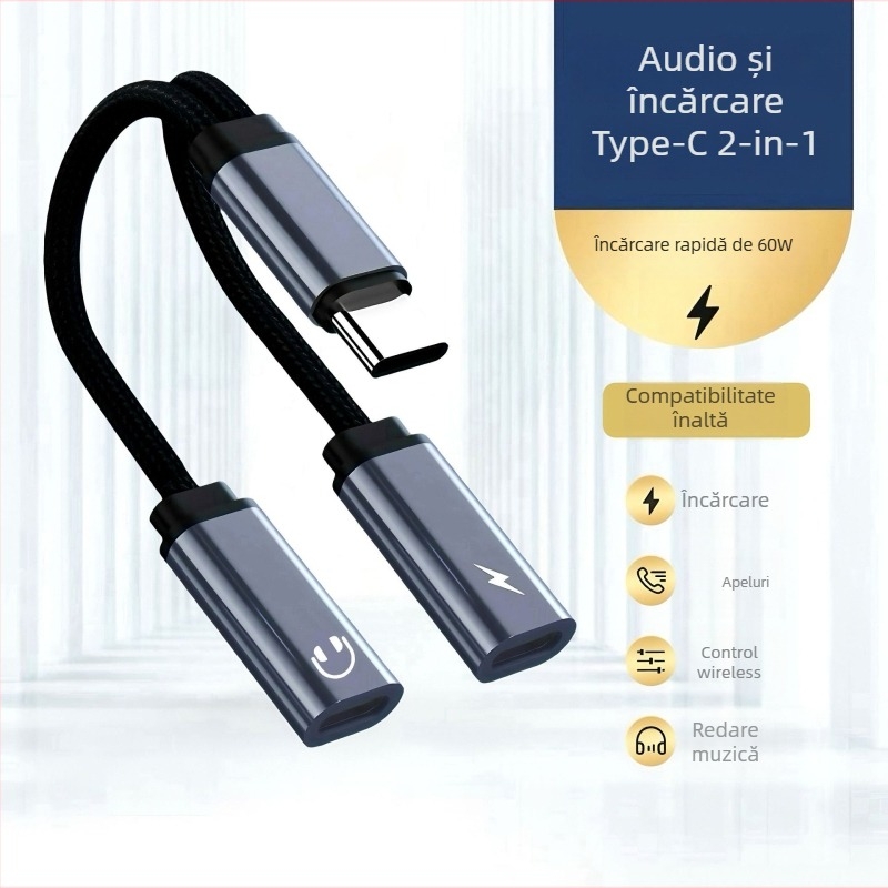 Adaptor Type-C la Dual Type-C cu OTG și audio, încărcare rapidă PD60W, transfer 480 Mbps