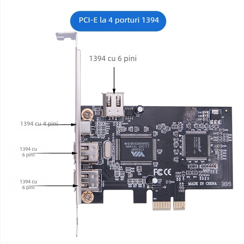 YM6211 placă de extindere PCIe x1 către 1394, 4 porturi pentru captură DV HD video
