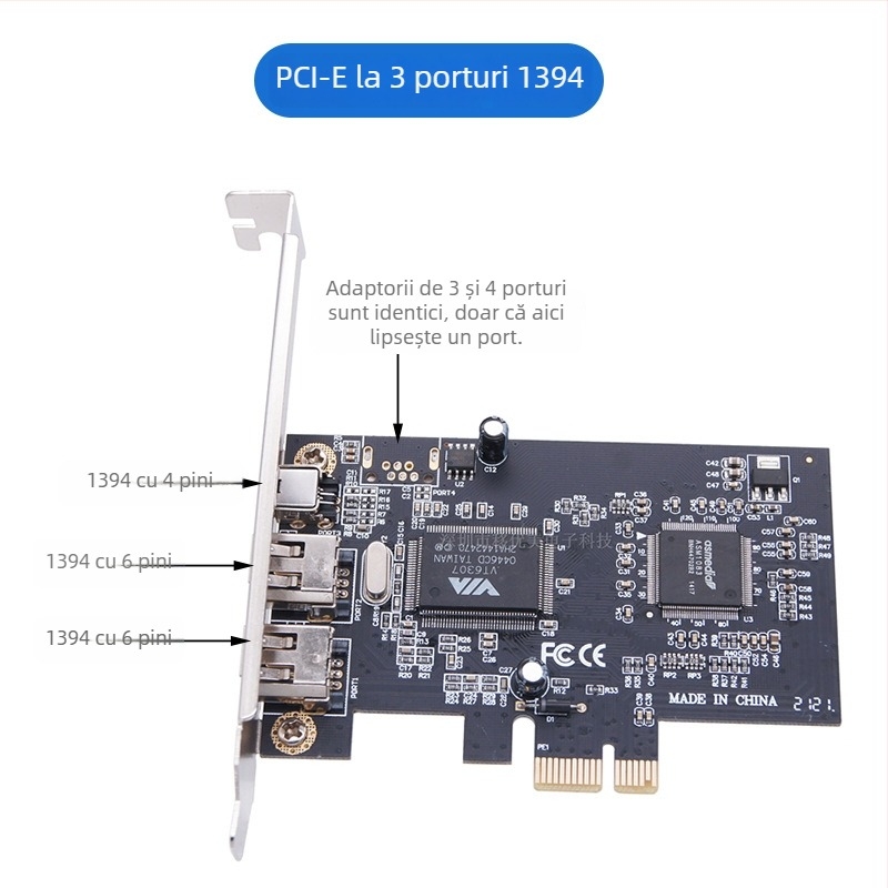 YM6211 placă de extindere PCIe x1 către 1394, 4 porturi pentru captură DV HD video