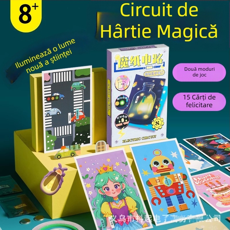 Kit DIY cu circuit pe hârtie pentru copii – felicitare luminoasă, proiect creativ cu circuit pe hârtie, experiment științific manual; vârstă 7–14 ani, Material: hârtie, Brand: Magic Paper Circuit, Ambalaj: cutie de hârtie