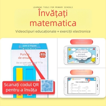 Instrument de învățare pentru matematica clasei întâi: Numere și Cantități — înțelegere, comparație și adunare/scădere până la 20; include 20 pătrate, 10 fâșii, 36 carduri de matematică; 30 de bucăți pe cutie, 4 cutii; materiale: polistiren și polietilenă.