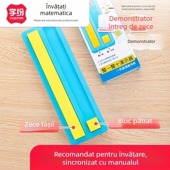 Instrument de învățare pentru matematica clasei întâi: Numere și Cantități — înțelegere, comparație și adunare/scădere până la 20; include 20 pătrate, 10 fâșii, 36 carduri de matematică; 30 de bucăți pe cutie, 4 cutii; materiale: polistiren și polietilenă.