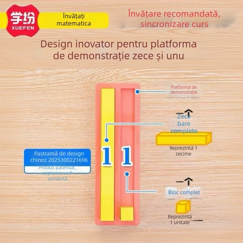 Instrument de învățare pentru matematica clasei întâi: Numere și Cantități — înțelegere, comparație și adunare/scădere până la 20; include 20 pătrate, 10 fâșii, 36 carduri de matematică; 30 de bucăți pe cutie, 4 cutii; materiale: polistiren și polietilenă.