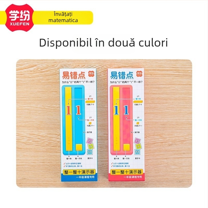 Instrument de învățare pentru matematica clasei întâi: Numere și Cantități — înțelegere, comparație și adunare/scădere până la 20; include 20 pătrate, 10 fâșii, 36 carduri de matematică; 30 de bucăți pe cutie, 4 cutii; materiale: polistiren și polietilenă.